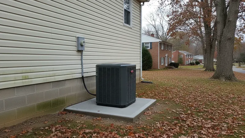 A heat pump on its pad, with the electrical disconnect mounted within sight of the unit — two of the things an inspector checks first HVAC work in Prince William County, VA.
